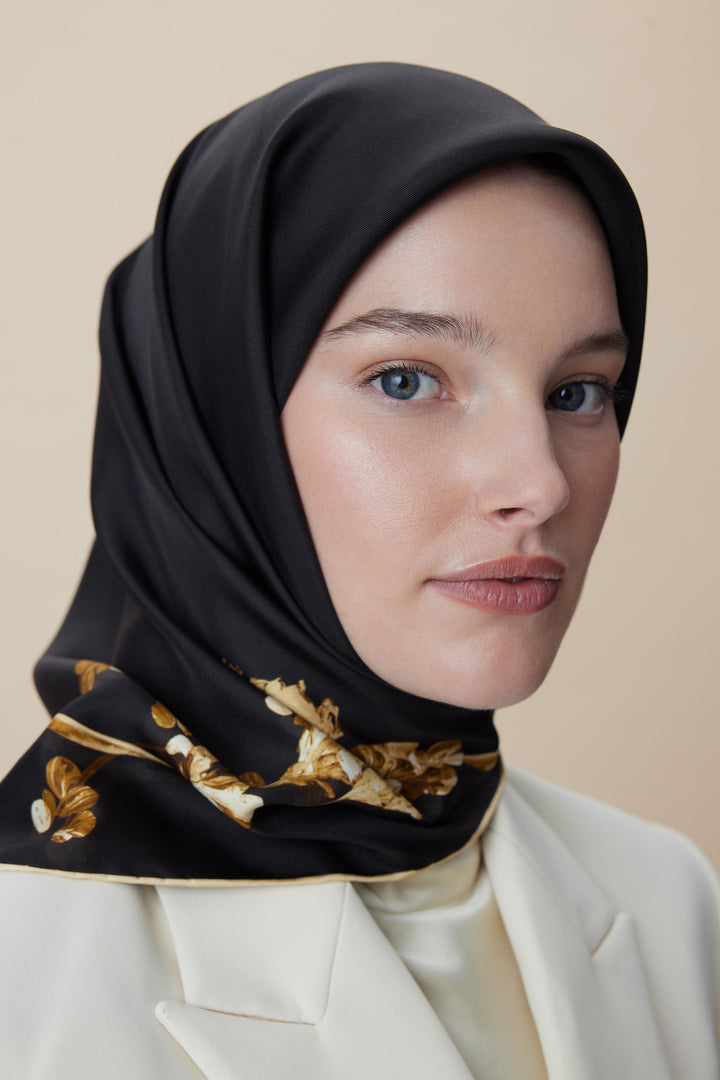NEVA ÇİFT TARAFLI TİVİL İPEK EŞARP 90*90 CM - SİYAH - Görsel 8