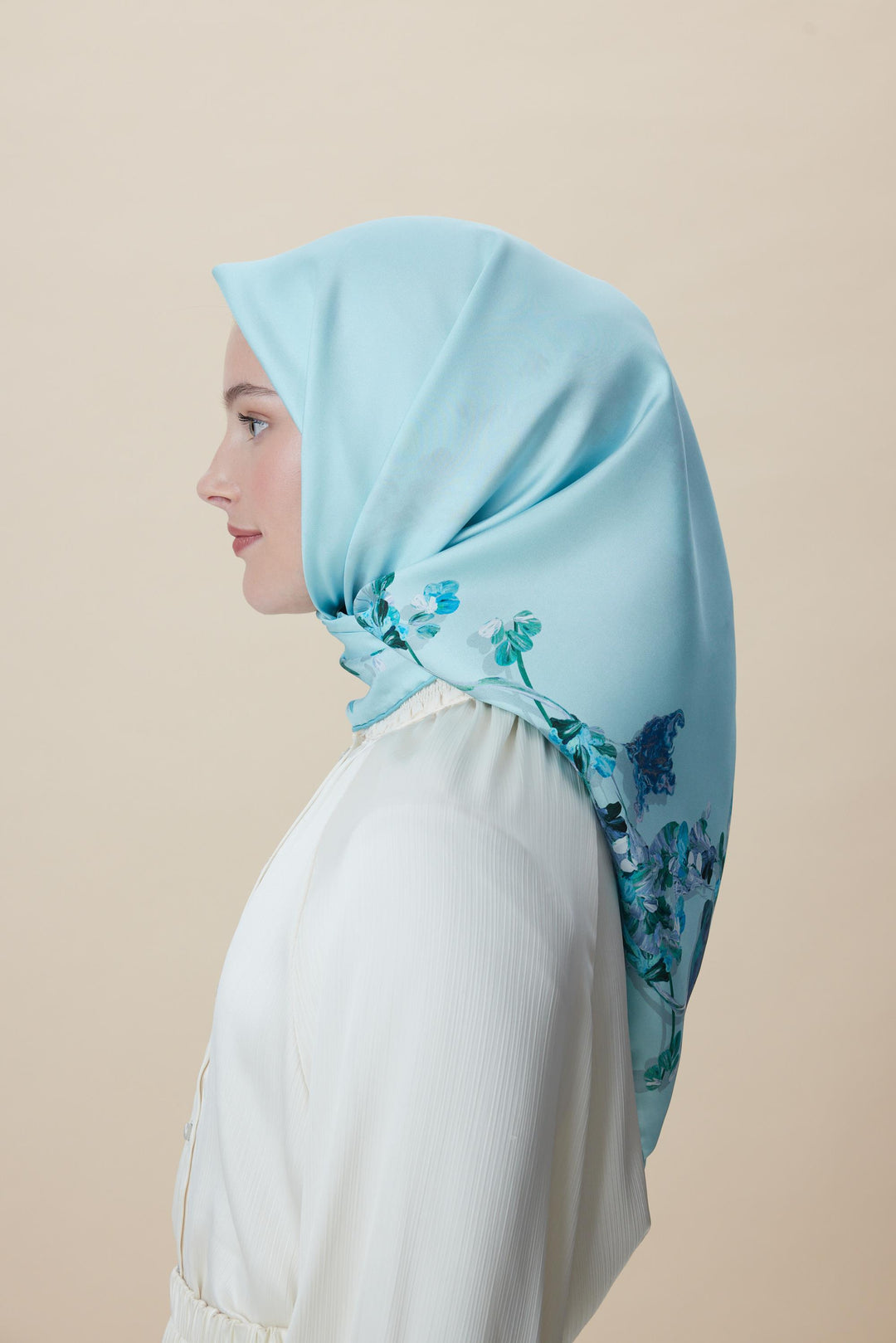 NEVA ÇİFT TARAFLI TİVİL İPEK EŞARP 90*90 CM - AÇIK MAVİ - Görsel 12