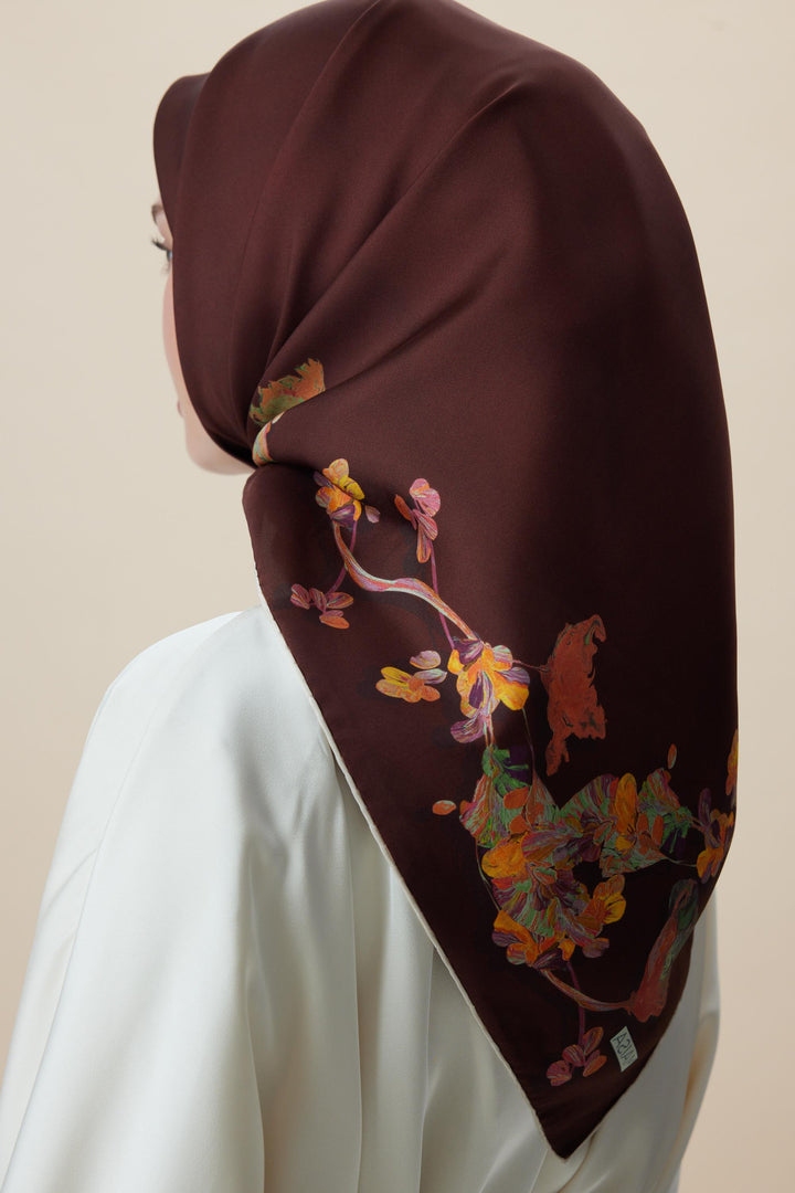NEVA ÇİFT TARAFLI TİVİL İPEK EŞARP 90*90 CM - BORDO KAHVERENGİ - Görsel 15