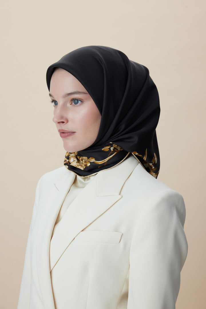 NEVA ÇİFT TARAFLI TİVİL İPEK EŞARP 90*90 CM - SİYAH - Görsel 4