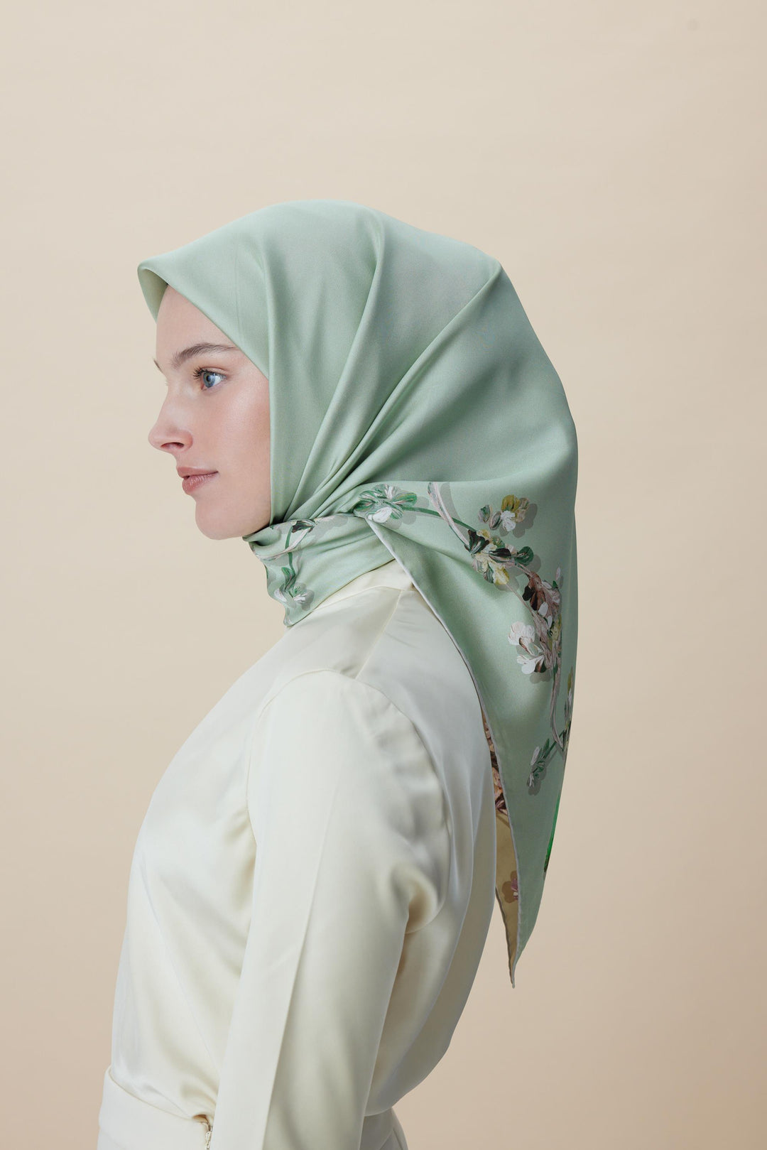 NEVA ÇİFT TARAFLI TİVİL İPEK EŞARP 90*90 CM - KREM PUDRA PEMBE - Görsel 7