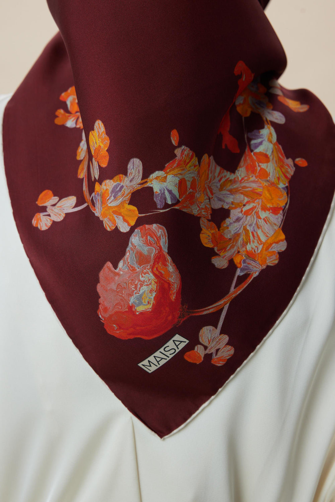 NEVA ÇİFT TARAFLI TİVİL İPEK EŞARP 90*90 CM - BORDO KAHVERENGİ - Görsel 10