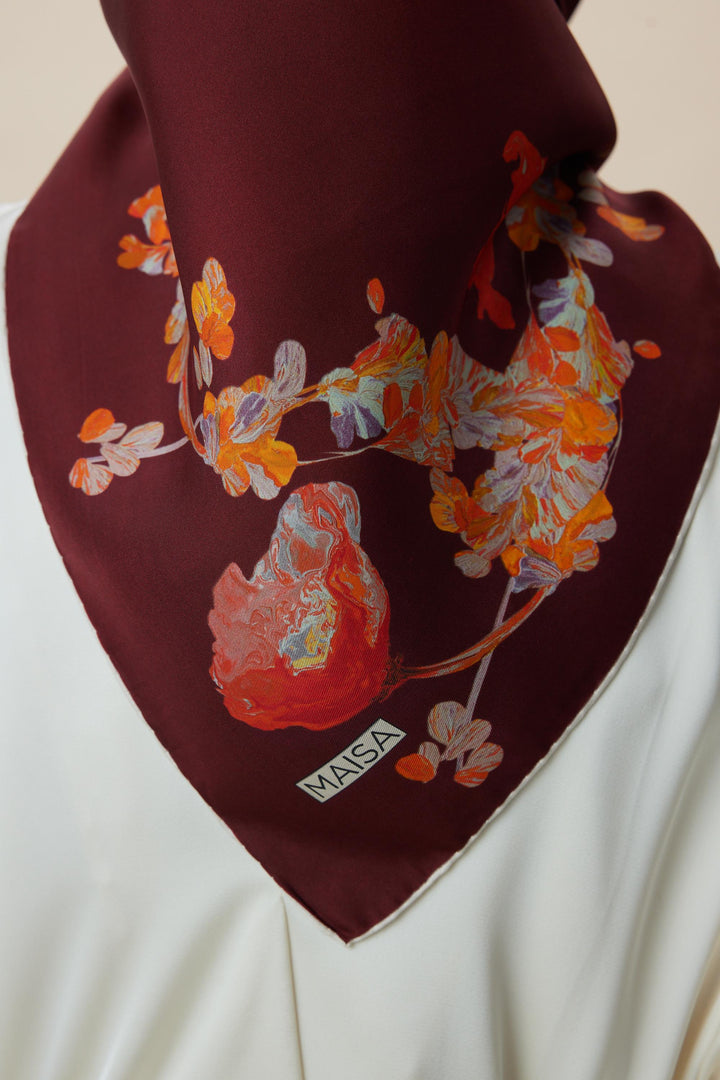 NEVA ÇİFT TARAFLI TİVİL İPEK EŞARP 90*90 CM - BORDO KAHVERENGİ - Görsel 10