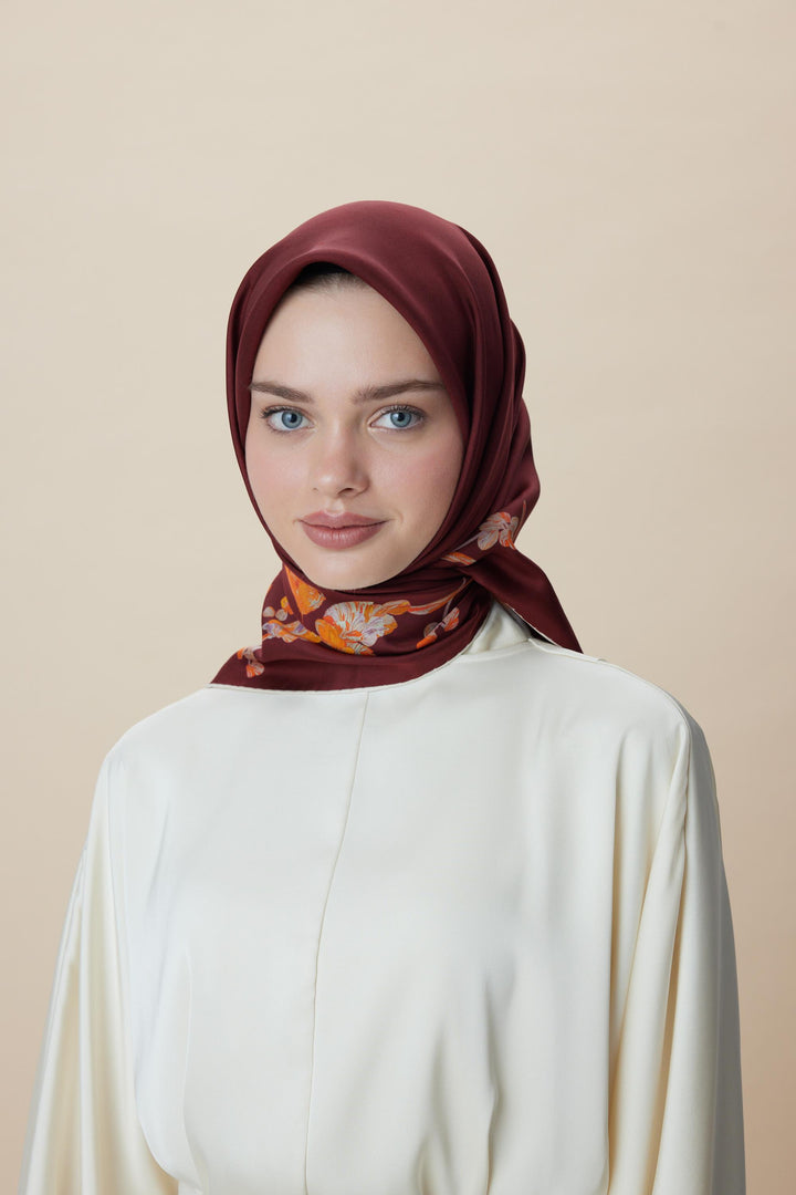NEVA ÇİFT TARAFLI TİVİL İPEK EŞARP 90*90 CM - BORDO KAHVERENGİ - Görsel 4