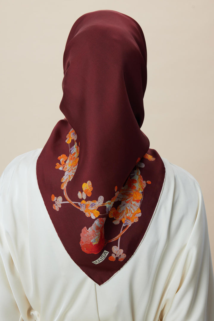 NEVA ÇİFT TARAFLI TİVİL İPEK EŞARP 90*90 CM - BORDO KAHVERENGİ - Görsel 9