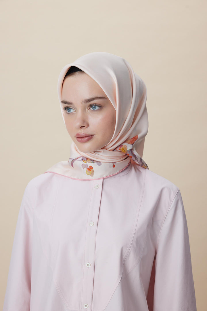NEVA ÇİFT TARAFLI TİVİL İPEK EŞARP 90*90 CM - PEMBE - Görsel 13