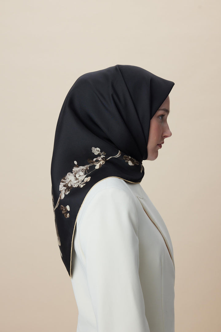 NEVA ÇİFT TARAFLI TİVİL İPEK EŞARP 90*90 CM - SİYAH - Görsel 16