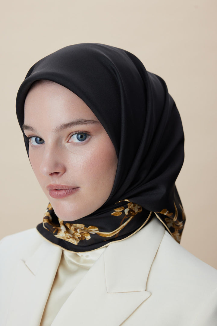 NEVA ÇİFT TARAFLI TİVİL İPEK EŞARP 90*90 CM - SİYAH - Görsel 10