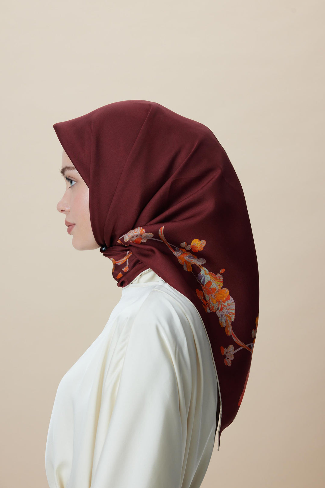 NEVA ÇİFT TARAFLI TİVİL İPEK EŞARP 90*90 CM - BORDO KAHVERENGİ - Görsel 6