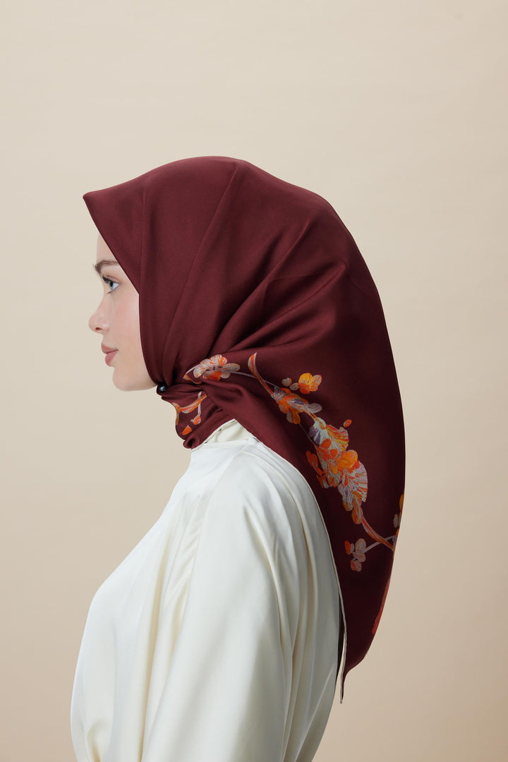 NEVA ÇİFT TARAFLI TİVİL İPEK EŞARP 90*90 CM - BORDO KAHVERENGİ - Görsel 6