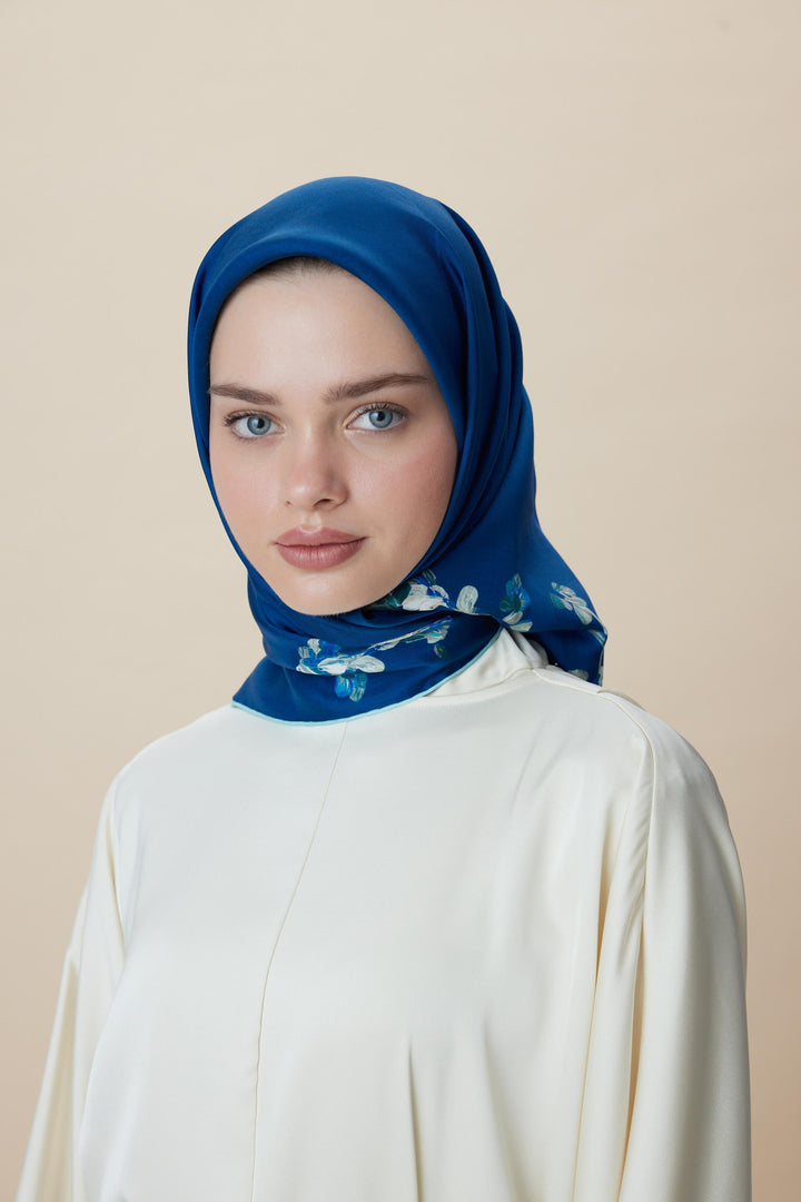 NEVA ÇİFT TARAFLI TİVİL İPEK EŞARP 90*90 CM - LACİVERT MAVİ - Görsel 11