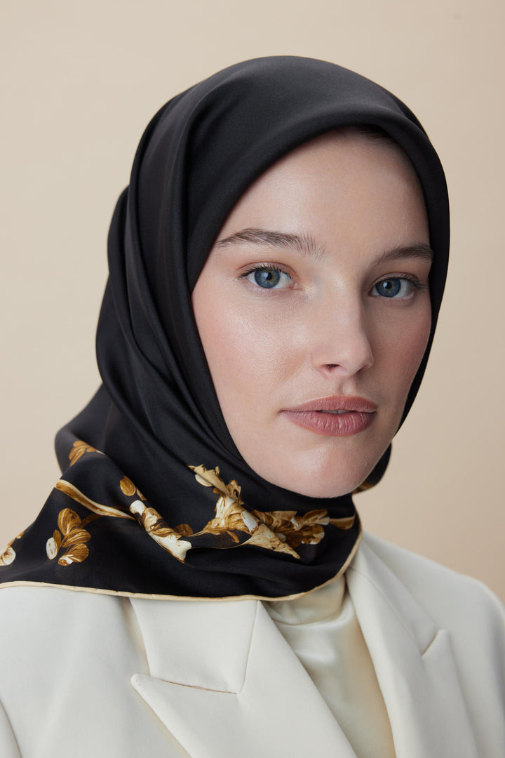 NEVA ÇİFT TARAFLI TİVİL İPEK EŞARP 90*90 CM - SİYAH - Görsel 9