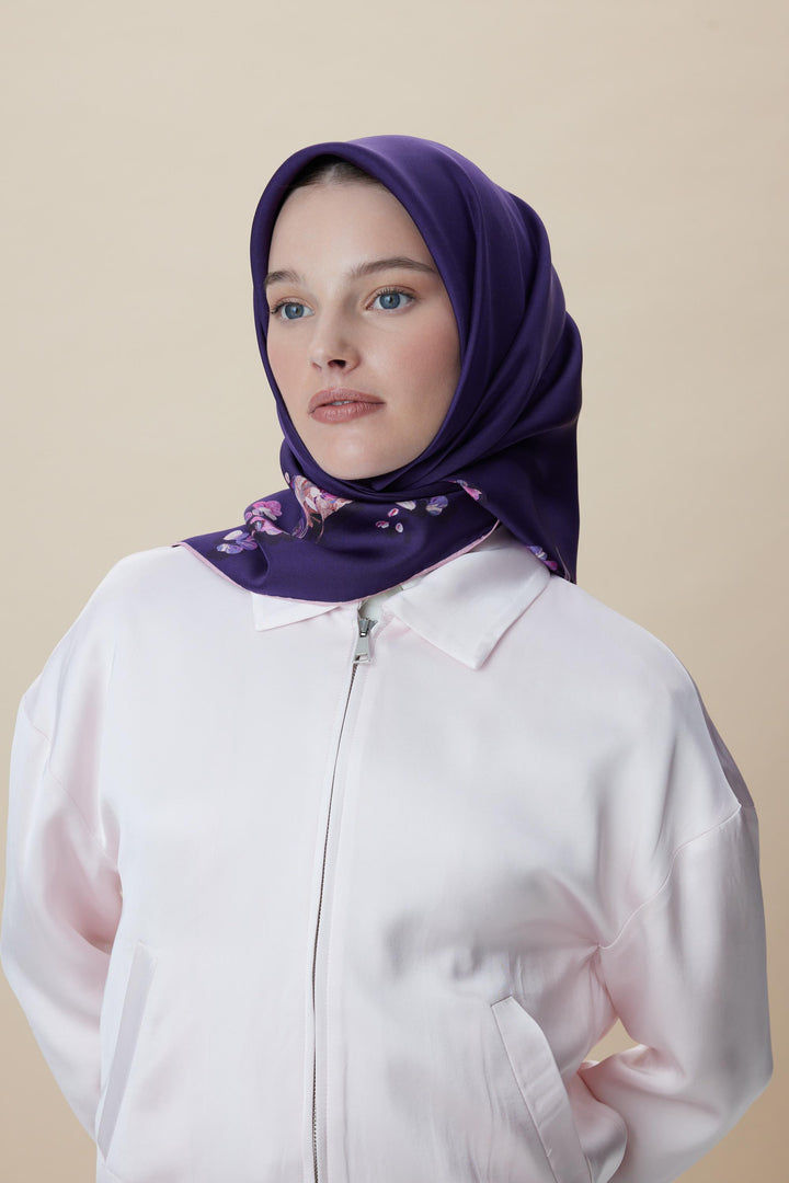 NEVA ÇİFT TARAFLI TİVİL İPEK EŞARP 90*90 CM - MOR - Görsel 4