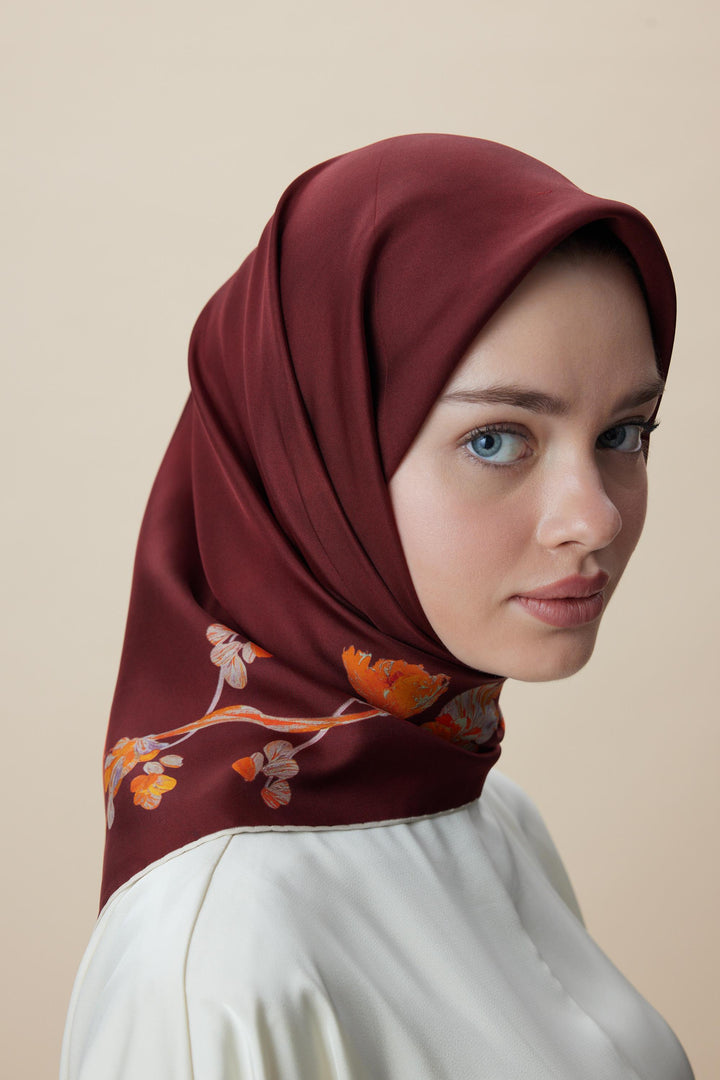 NEVA ÇİFT TARAFLI TİVİL İPEK EŞARP 90*90 CM - BORDO KAHVERENGİ - Görsel 8