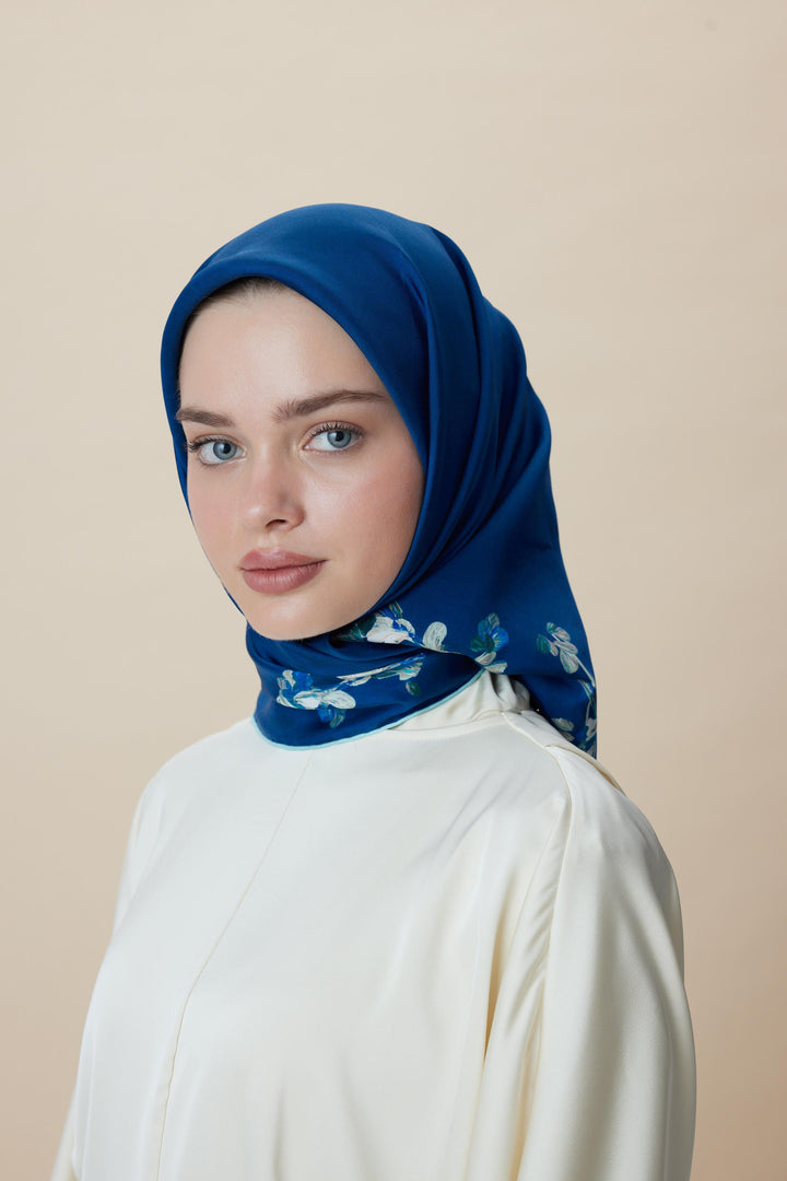 NEVA ÇİFT TARAFLI TİVİL İPEK EŞARP 90*90 CM - LACİVERT MAVİ - Görsel 13