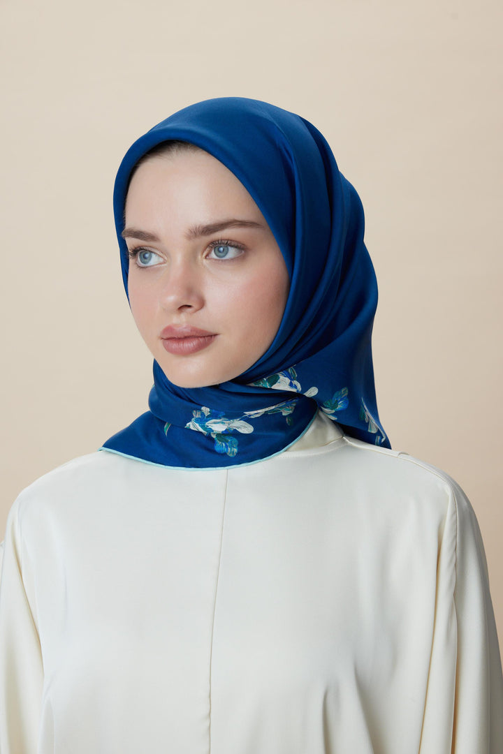 NEVA ÇİFT TARAFLI TİVİL İPEK EŞARP 90*90 CM - LACİVERT MAVİ - Görsel 12