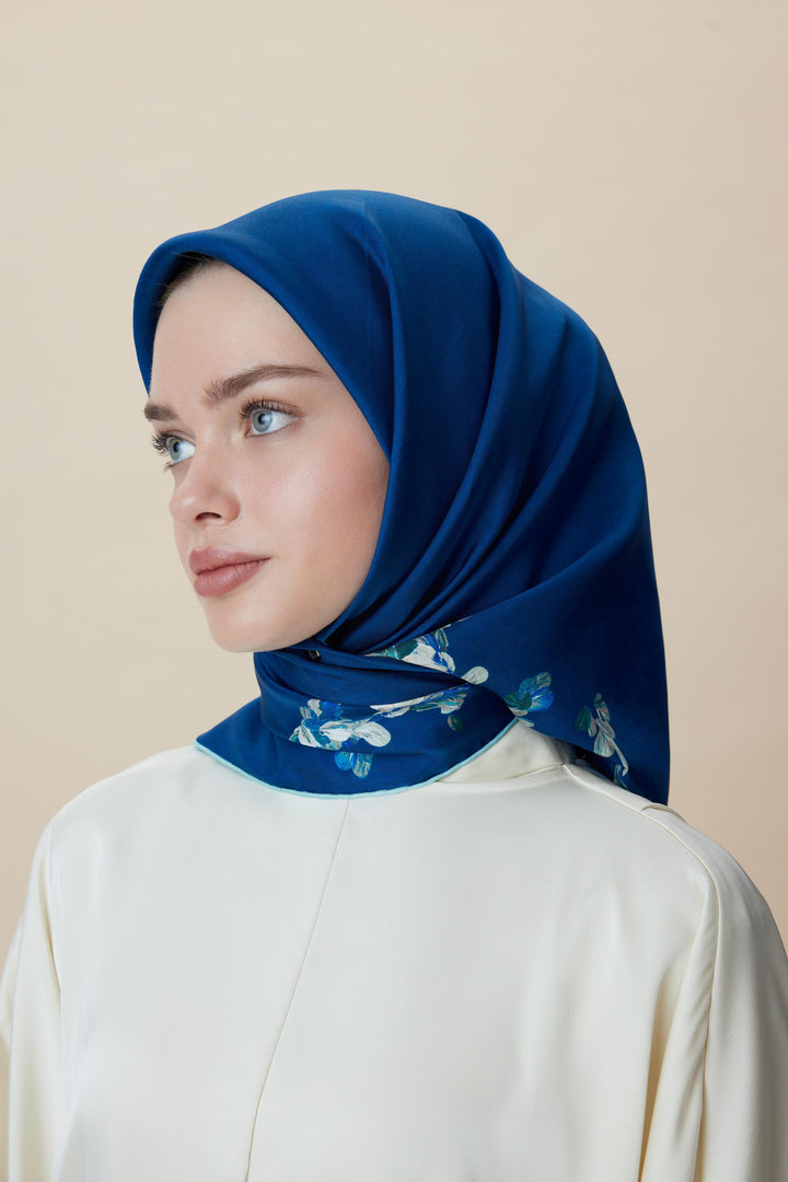 NEVA ÇİFT TARAFLI TİVİL İPEK EŞARP 90*90 CM - LACİVERT MAVİ - Görsel 14