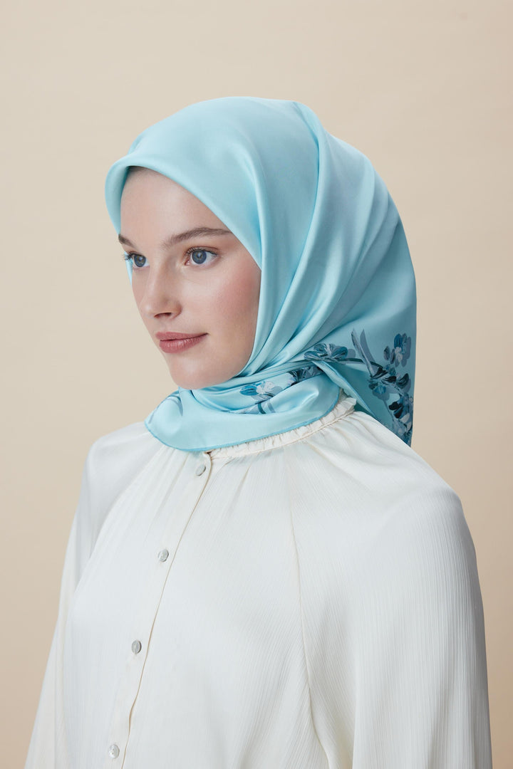 NEVA ÇİFT TARAFLI TİVİL İPEK EŞARP 90*90 CM - AÇIK MAVİ - Görsel 5