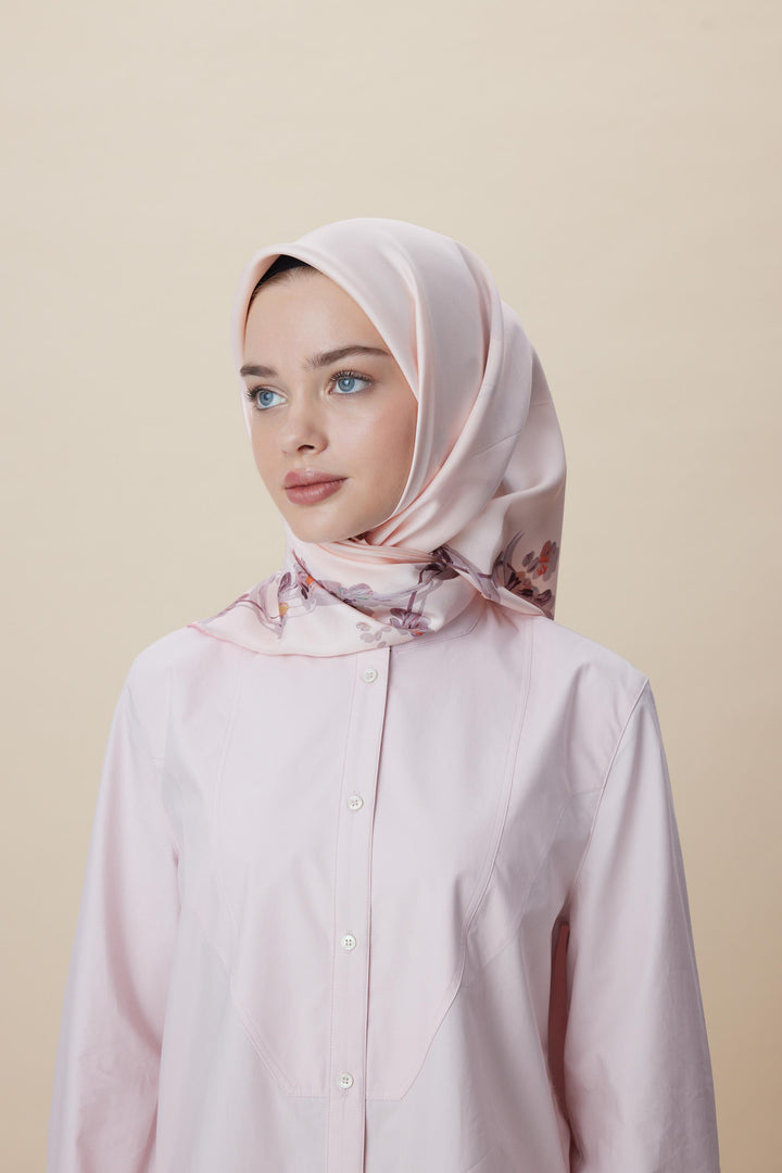 NEVA ÇİFT TARAFLI TİVİL İPEK EŞARP 90*90 CM - PEMBE - Görsel 5