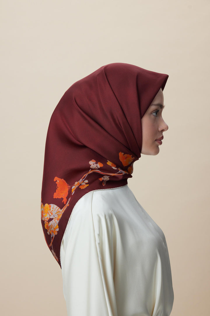 NEVA ÇİFT TARAFLI TİVİL İPEK EŞARP 90*90 CM - BORDO KAHVERENGİ - Görsel 7