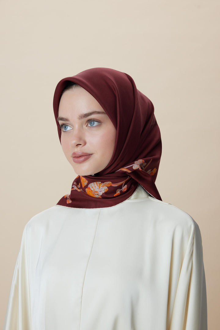 NEVA ÇİFT TARAFLI TİVİL İPEK EŞARP 90*90 CM - BORDO KAHVERENGİ - Görsel 5