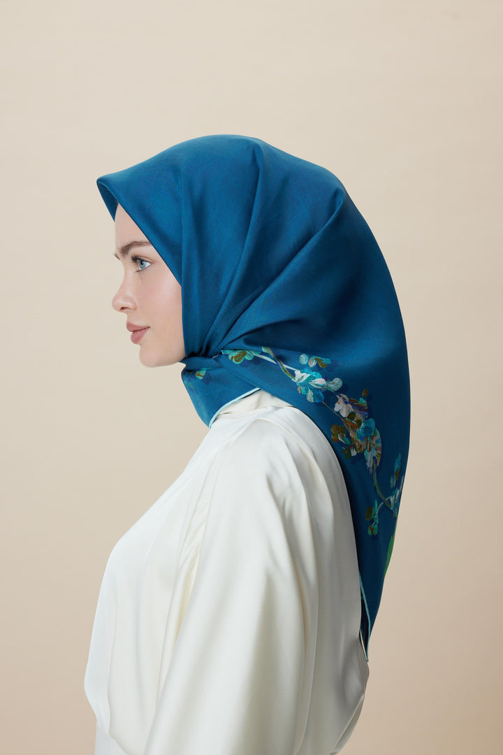 NEVA ÇİFT TARAFLI TİVİL İPEK EŞARP 90*90 CM - LACİVERT MAVİ - Görsel 7