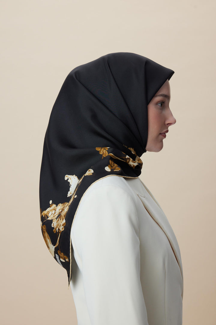 NEVA ÇİFT TARAFLI TİVİL İPEK EŞARP 90*90 CM - SİYAH - Görsel 7
