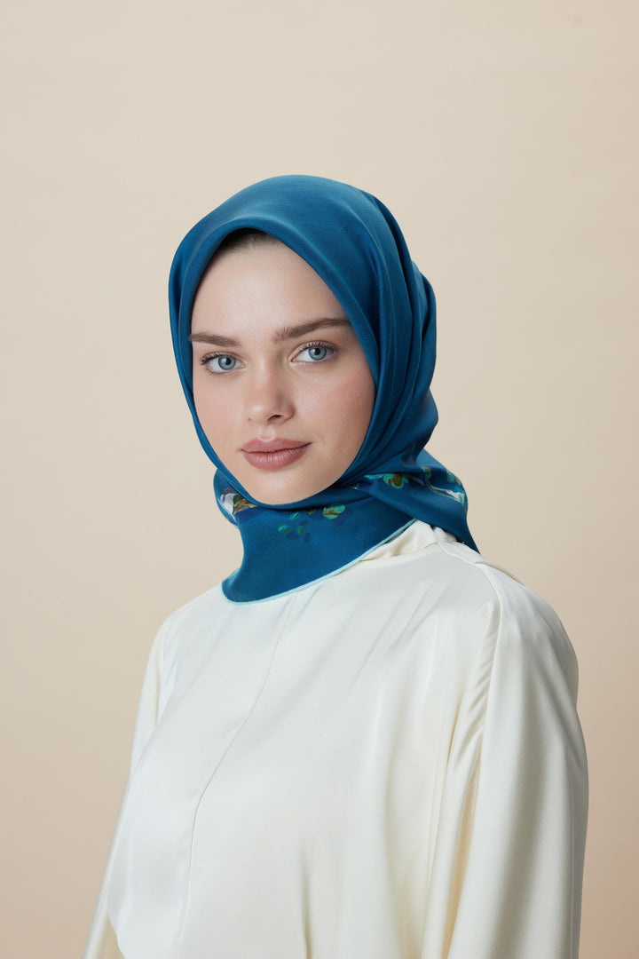 NEVA ÇİFT TARAFLI TİVİL İPEK EŞARP 90*90 CM - LACİVERT MAVİ - Görsel 5