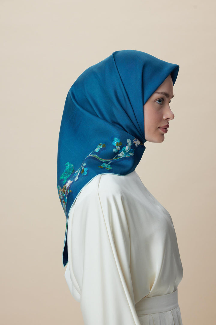 NEVA ÇİFT TARAFLI TİVİL İPEK EŞARP 90*90 CM - LACİVERT MAVİ - Görsel 8
