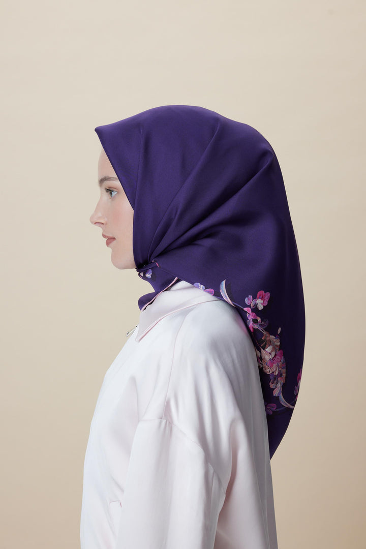 NEVA ÇİFT TARAFLI TİVİL İPEK EŞARP 90*90 CM - MOR - Görsel 6