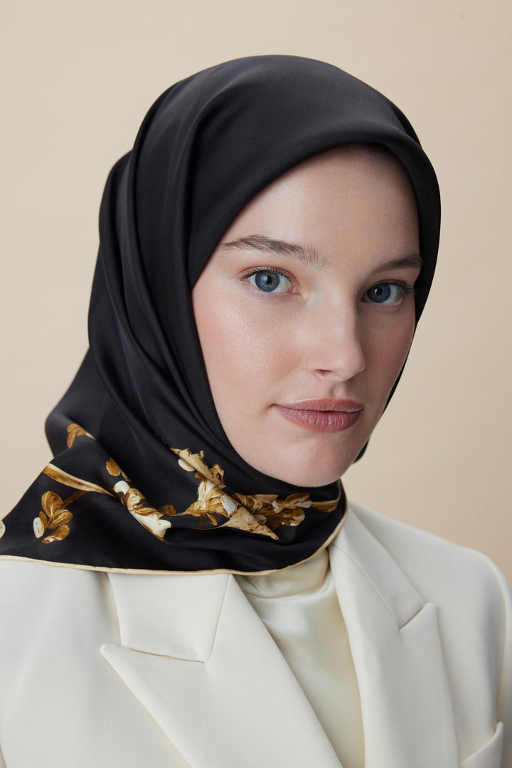 NEVA ÇİFT TARAFLI TİVİL İPEK EŞARP 90*90 CM - SİYAH - Görsel 1