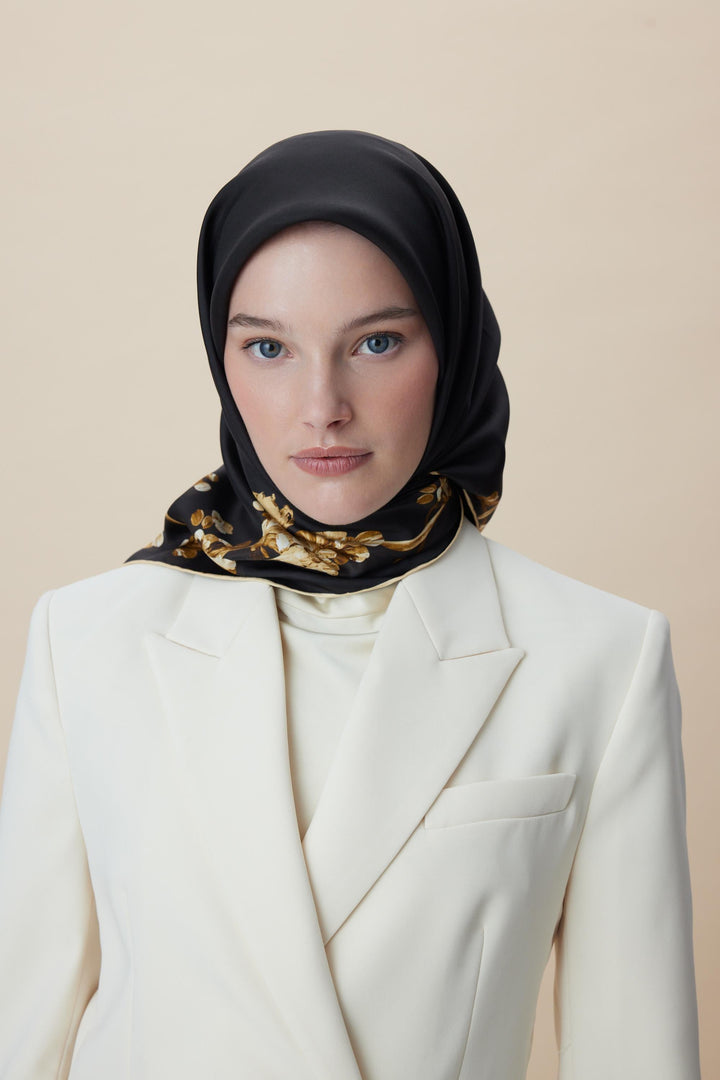 NEVA ÇİFT TARAFLI TİVİL İPEK EŞARP 90*90 CM - SİYAH - Görsel 5
