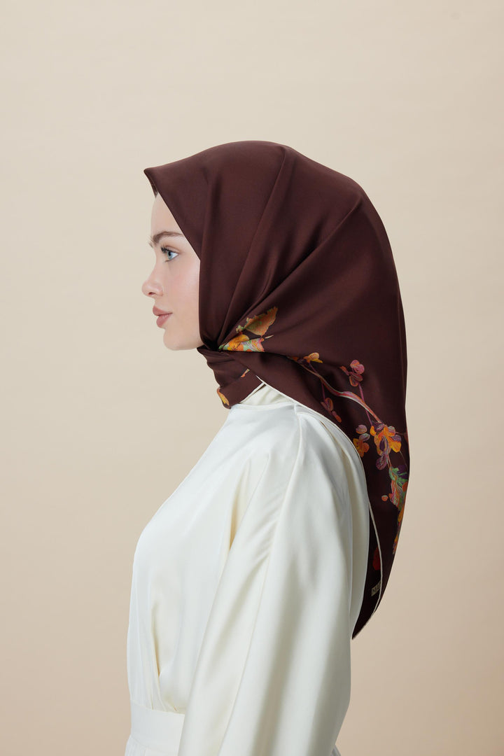 NEVA ÇİFT TARAFLI TİVİL İPEK EŞARP 90*90 CM - BORDO KAHVERENGİ - Görsel 12