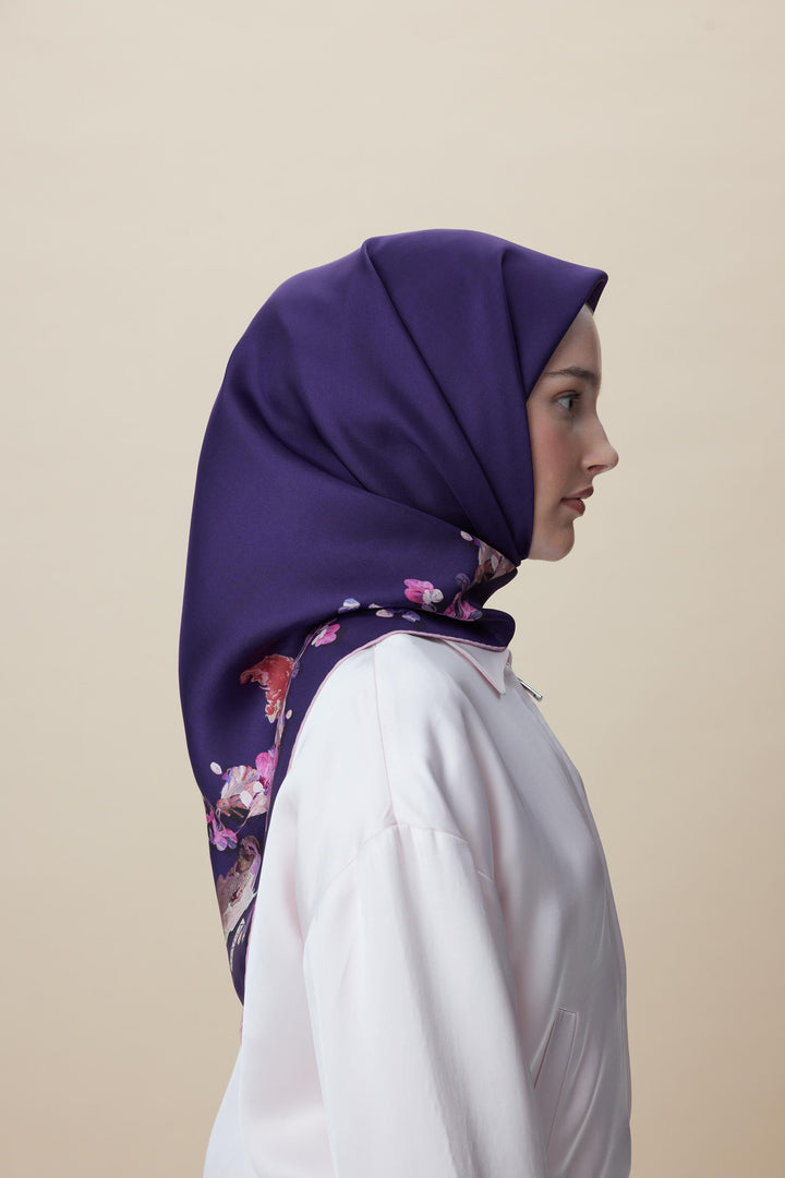 NEVA ÇİFT TARAFLI TİVİL İPEK EŞARP 90*90 CM - MOR - Görsel 2