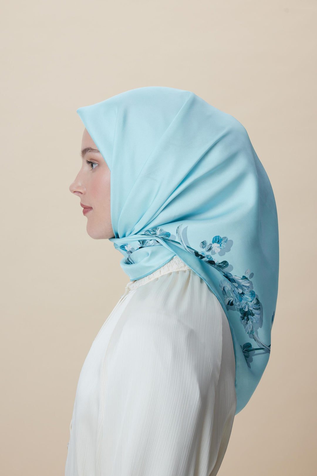 NEVA ÇİFT TARAFLI TİVİL İPEK EŞARP 90*90 CM - AÇIK MAVİ - Görsel 6