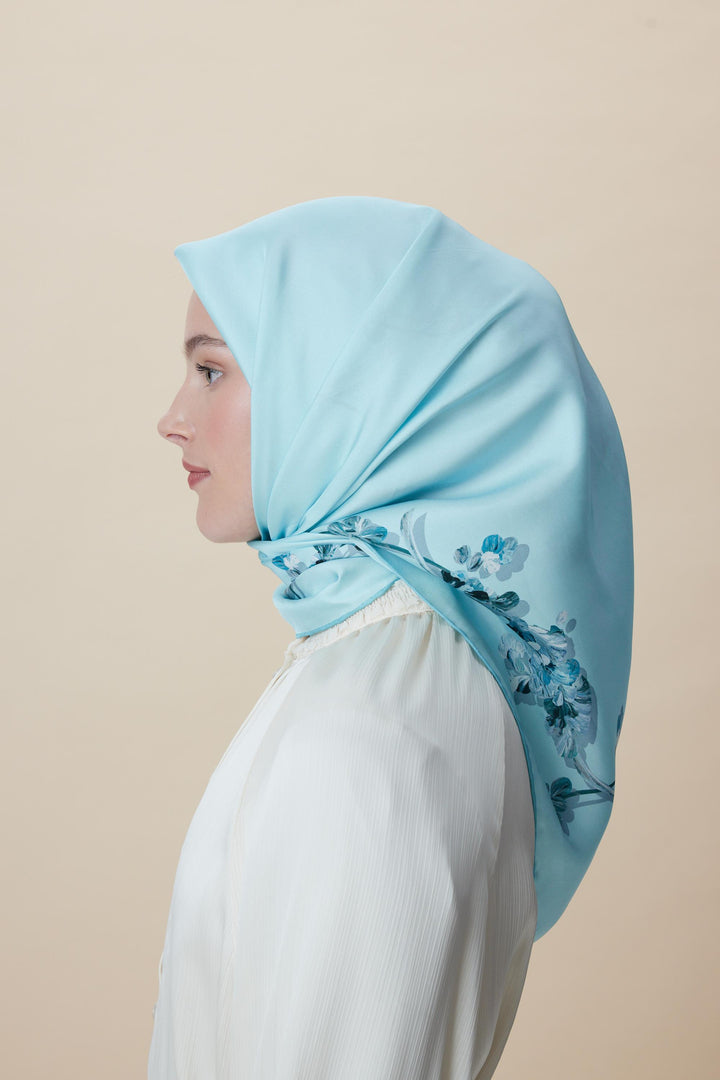 NEVA ÇİFT TARAFLI TİVİL İPEK EŞARP 90*90 CM - AÇIK MAVİ - Görsel 6