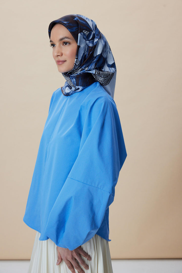 NÜVE TİVİL İPEK EŞARP 90*90 CM - MAVİ KAHVE - Görsel 8