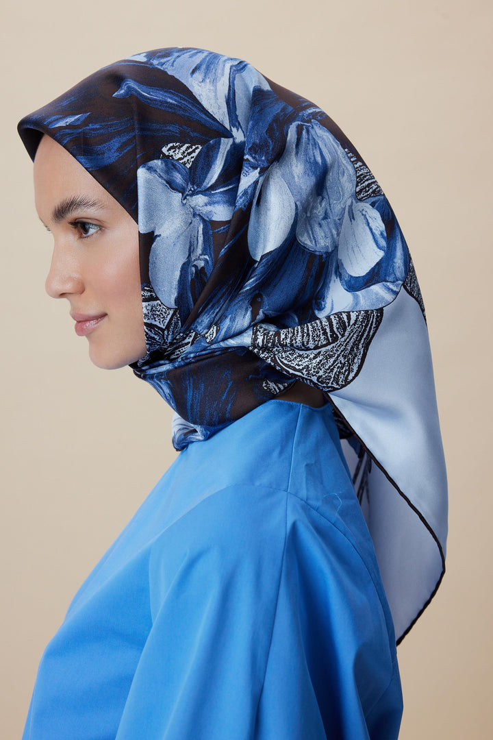 NÜVE TİVİL İPEK EŞARP 90*90 CM - MAVİ KAHVE - Görsel 1