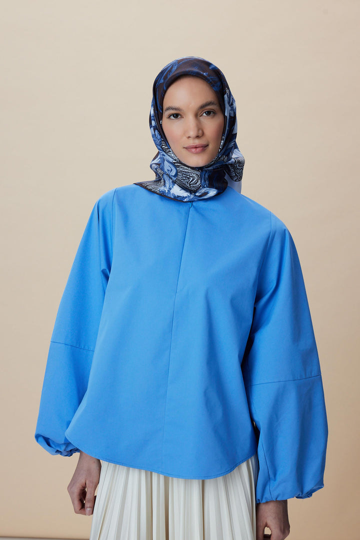 NÜVE TİVİL İPEK EŞARP 90*90 CM - MAVİ KAHVE - Görsel 2