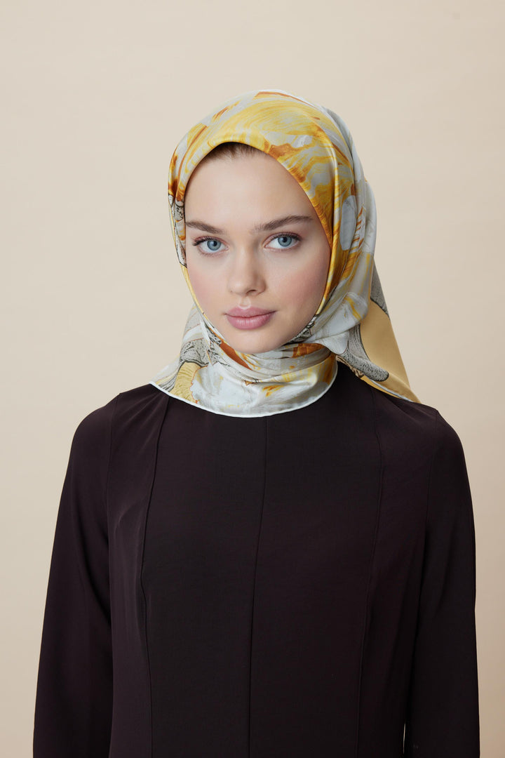 NÜVE TİVİL İPEK EŞARP 90*90 CM - SARI - Görsel 3