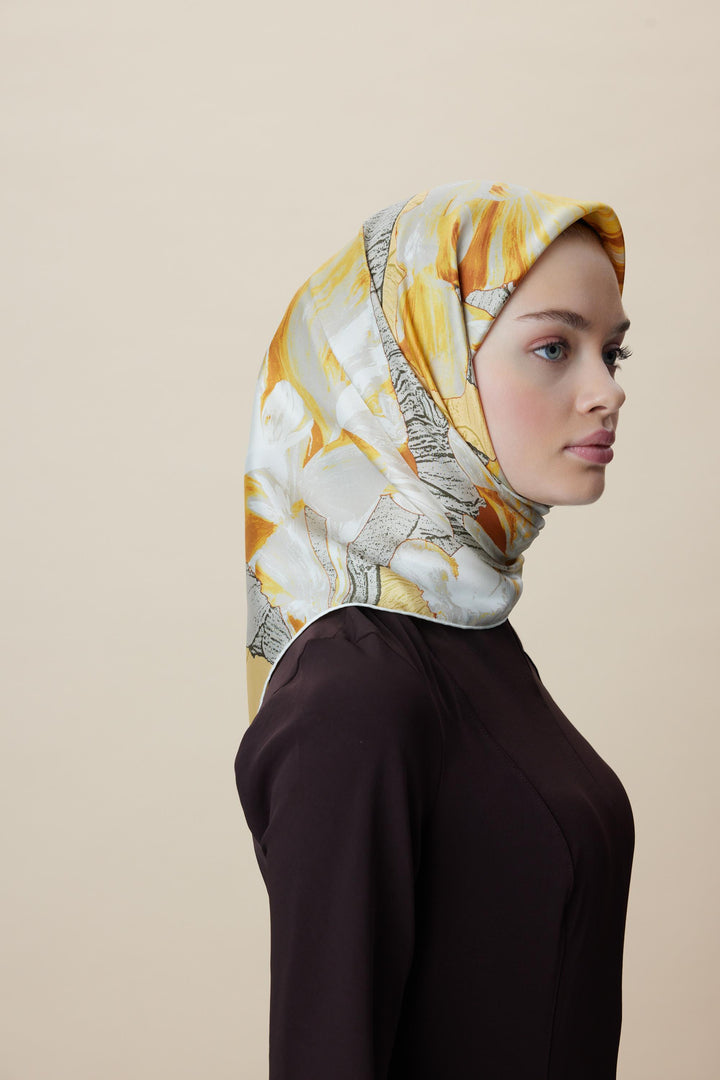 NÜVE TİVİL İPEK EŞARP 90*90 CM - SARI - Görsel 5