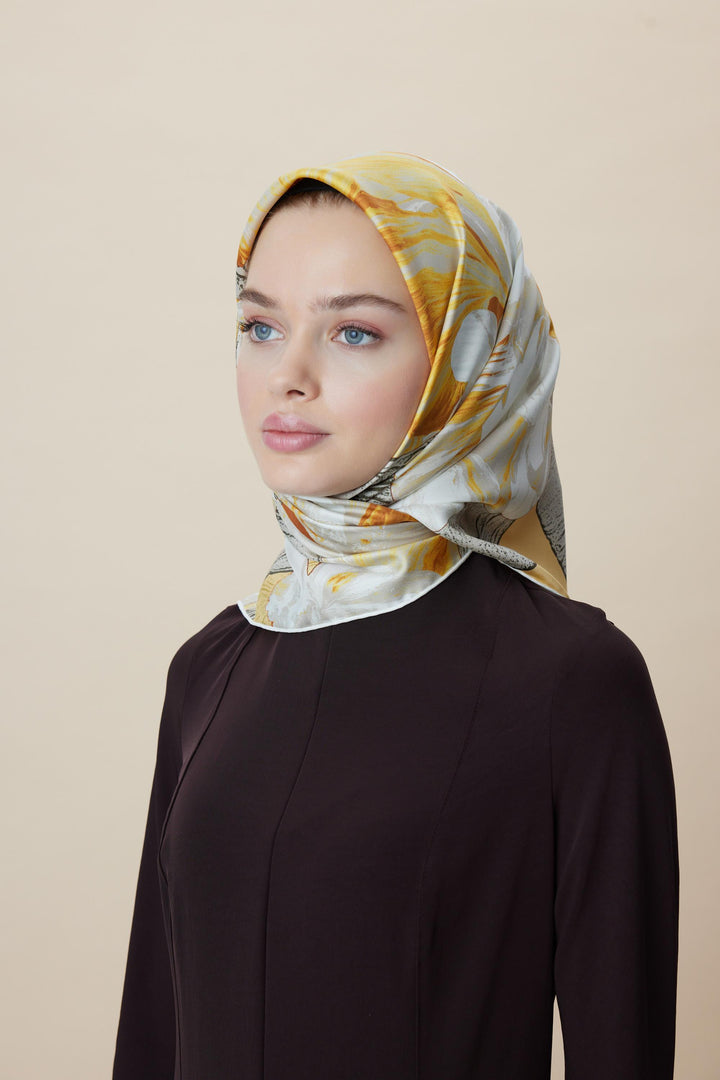 NÜVE TİVİL İPEK EŞARP 90*90 CM - SARI - Görsel 1