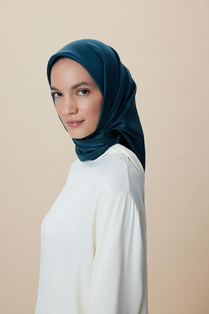 PAK TİVİL İPEK EŞARP 90*90 CM - PETROL MAVİ - Görsel 3