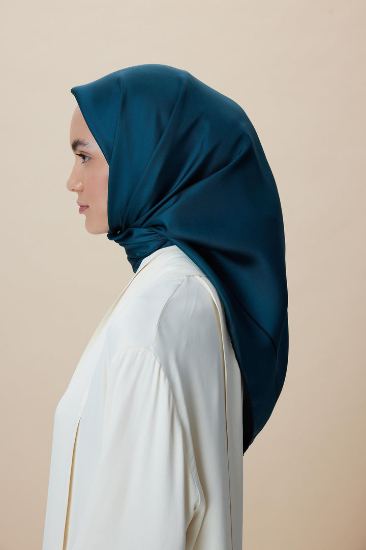 PAK TİVİL İPEK EŞARP 90*90 CM - PETROL MAVİ - Görsel 5