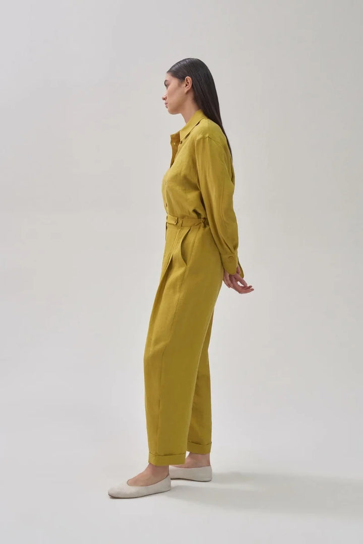 QOOQ Tenket Keten Pantolon Yağ Yeşili 24SS 327
