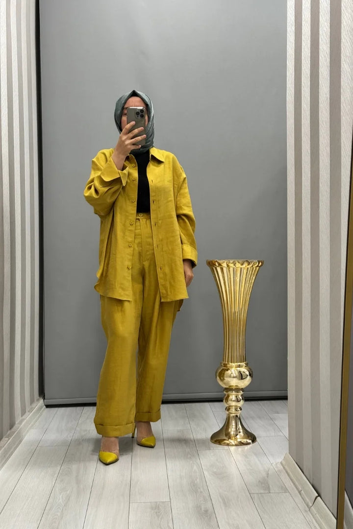 QOOQ Tenket Keten Pantolon Yağ Yeşili 24SS 327