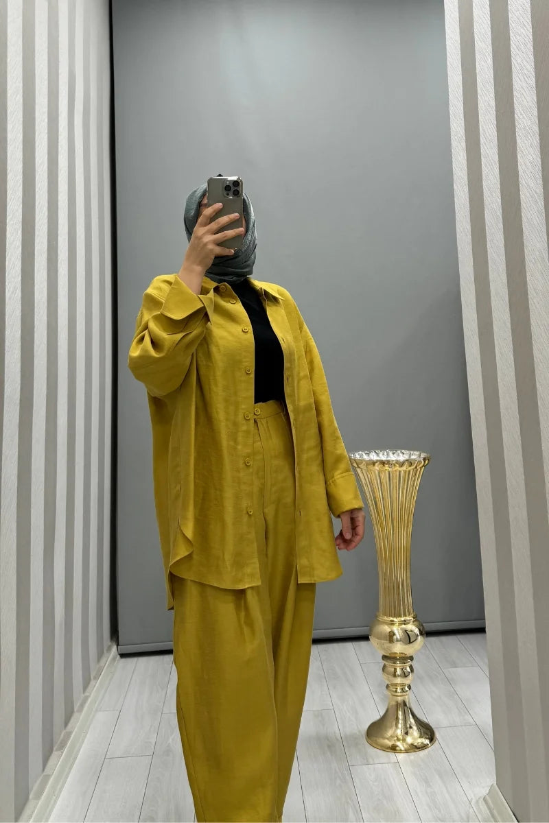 QOOQ Tenket Keten Pantolon Yağ Yeşili 24SS 327
