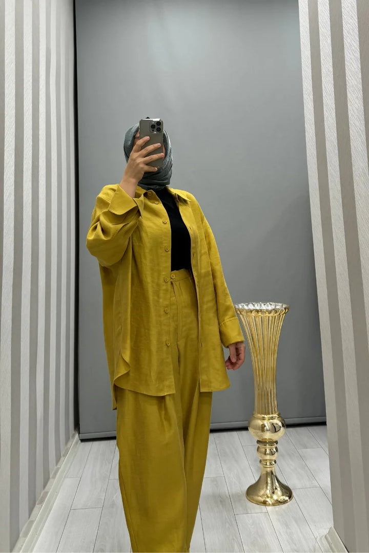 QOOQ Tenket Keten Pantolon Yağ Yeşili 24SS 327