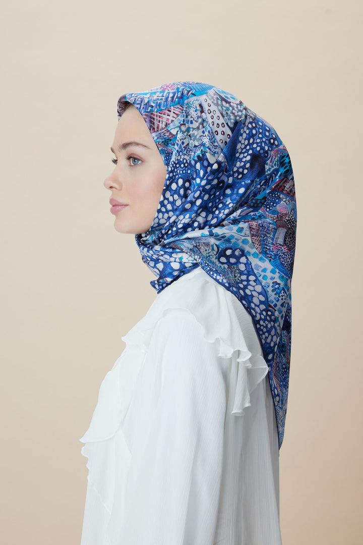 RENGİN TİVİL İPEK EŞARP 90*90 CM - LACİVERT - Görsel 4
