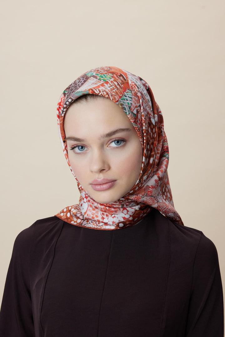RENGİN TİVİL İPEK EŞARP 90*90 CM - TABA - Görsel 9